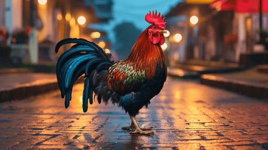 一只公鸡站在人行道上