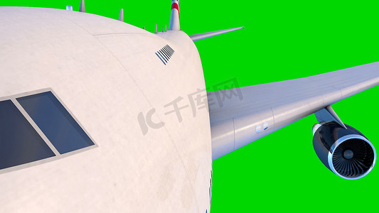 天空背景高清摄影照片_客机在绿色背景上飞行。 