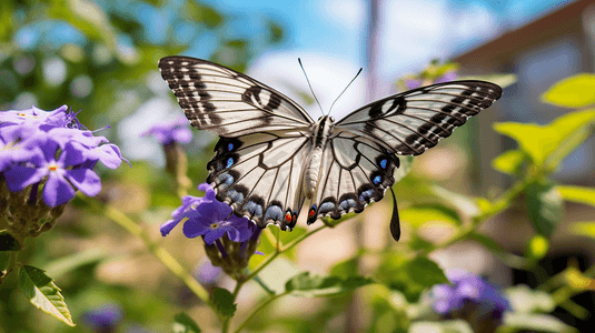 花朵黑白摄影照片_白天，黑白相间的蝴蝶栖息在蓝色花朵上的特写照片。