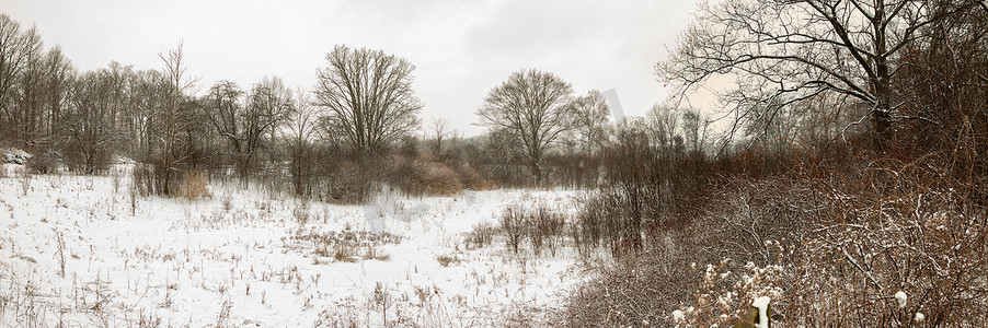 极简主义冬季风景全景风格照片。