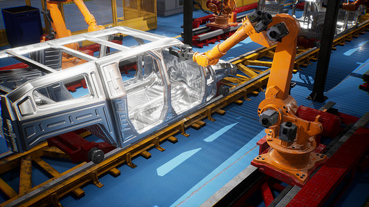 带有未完成汽车和机器人焊工框架的输送机汽车焊接线。 