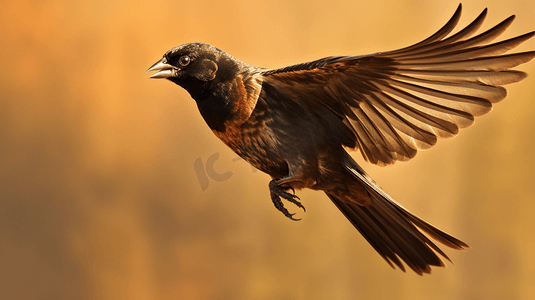 棕色和黑色的小鸟在飞翔