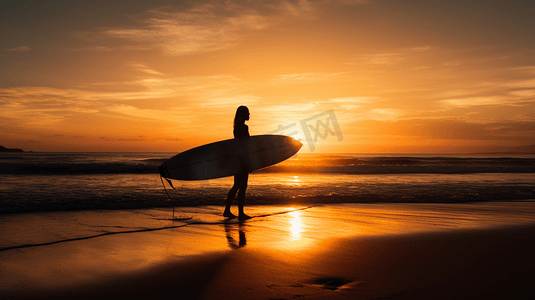 日落时分，一名女子在海滩上手持冲浪板的剪影