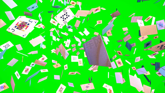 扑克牌游戏摄影照片_绿屏 3D 渲染上的扑克牌