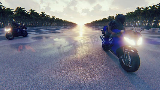 逐梦前行摄影照片_阳光明媚的日子里，摩托车高速前行。 