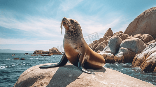 坐在海边摄影照片_一只海狮坐在海边的岩石上