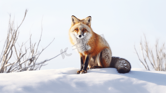 白狐狸摄影照片_白天白雪上的棕色狐狸