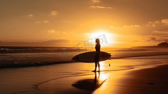 冲浪摄影照片_日落时分，一名女子在海滩上手持冲浪板的剪影