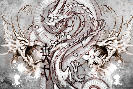 卷曲的龙摄影照片_在灰色背景的龙纹身花刺设计。