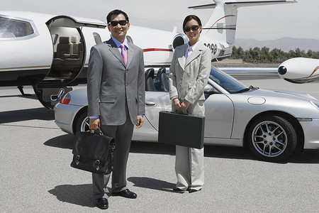 两位快乐的企业高管在机场站在一起，背景是汽车和飞机