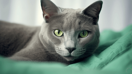躺在白色纺织品上的俄罗斯蓝猫