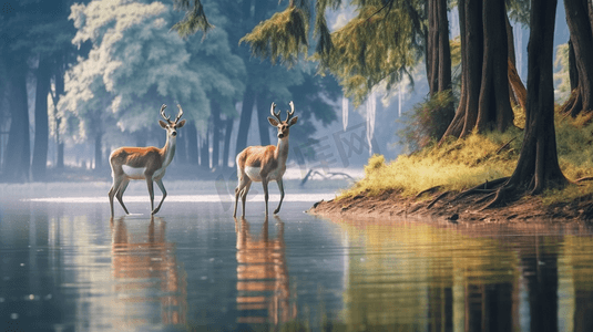 白鹿和棕鹿在林木旁的水体附近行走