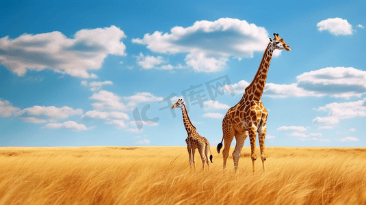 草原上的一只长颈鹿和一只小长颈鹿