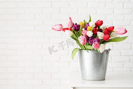 白砖墙背景上的一桶郁金香花