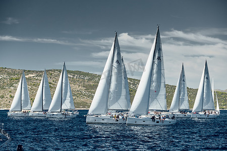 克罗地亚，亚得里亚海，2019 年 9 月 18 日：帆船参加帆船赛、帆船比赛、水上帆的倒影、船数在船尾、岛屿在背景、天气晴朗