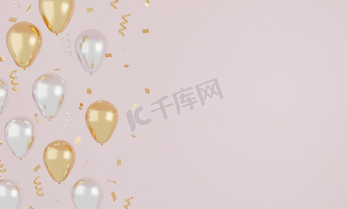 丝带气球摄影照片_节日逼真的粉红色和白色气球颜色与丝带和金色闪光。