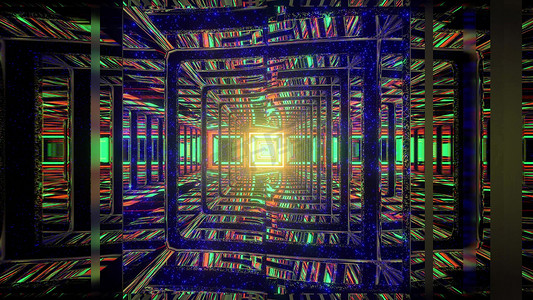 4d霓虹灯空间摄影照片_墙壁反射霓虹灯的混沌迷宫的 3D 插图