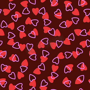 简单的心形无缝图案，无尽的混乱纹理，由微小的心形轮廓制成。情人节，母亲节背景。非常适合复活节、婚礼、剪贴簿、礼品包装纸、纺织品。红色、粉色、勃艮第