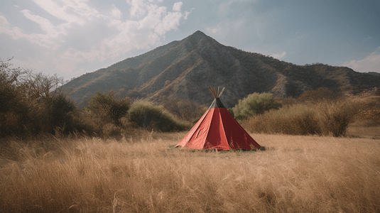白天，在绿树和山脉附近的棕色草地上搭建红色帐篷