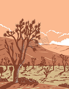 加利福尼亚州约书亚树国家公园内莫哈韦沙漠中的约书亚树和内华达州 WPA 海报艺术