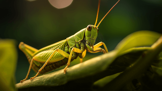 绿色和黄色的蝗虫栖息在绿叶上，这是白天的特写摄影