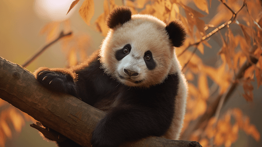 白天，熊猫在棕色树枝上