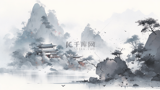 中国水墨画山水风景水墨山水插画海报背景