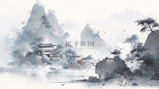 中国传统插画背景图片_中国水墨画山水风景水墨山水插画海报背景