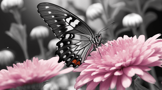 黑白相间的蝴蝶栖息在粉色的花朵上
