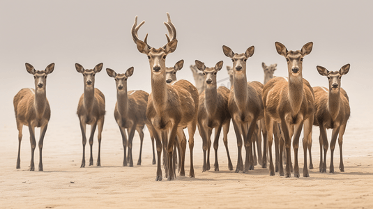 白天灰色沙滩上的一群棕鹿
