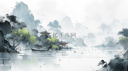 中国水墨画山水风景水墨山水插画海报背景