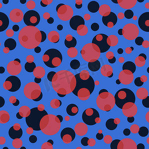 彩色时尚海报摄影照片_带有彩色球的抽象无缝图案。背景抽象重叠彩色圆点图案的说明。波尔卡圆点装饰品。适合邀请、海报、卡片、传单、横幅、纺织品、织物