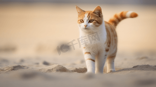 白天灰色沙滩上的橙白相间的猫猫