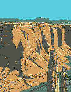 国家纪念碑摄影照片_Canyon De Chelly 的蜘蛛岩砂岩尖顶亚利桑那州纳瓦霍部落土地上的国家纪念碑 WPA 海报艺术