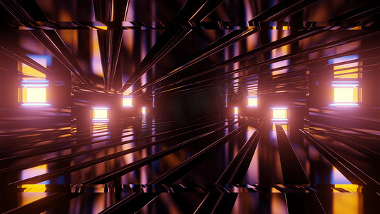 黑暗隧道中霓虹灯的反射 3d 插图