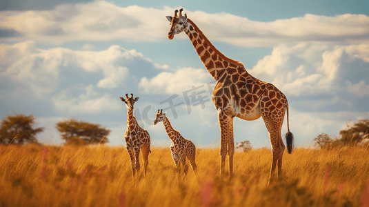 草原上的一只长颈鹿和一只小长颈鹿