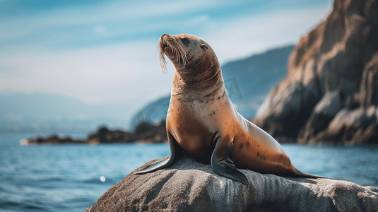 坐在海边摄影照片_一只海狮坐在海边的岩石上