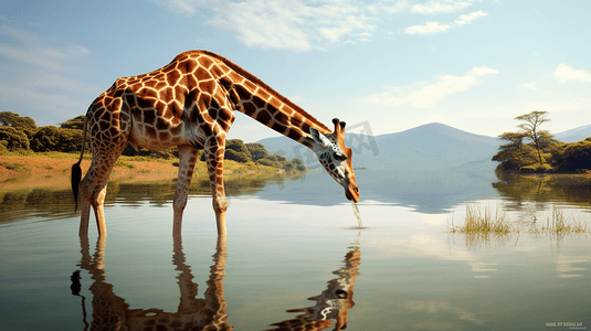 长颈鹿白天在湖上喝水