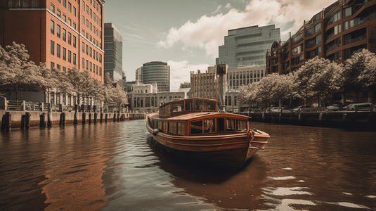 白天在城市建筑物附近的水上航行的棕色小船