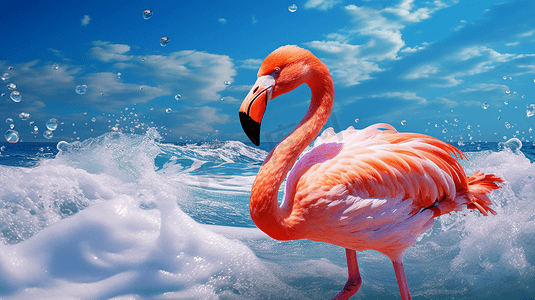 美国火烈鸟在水上挥舞着波浪
