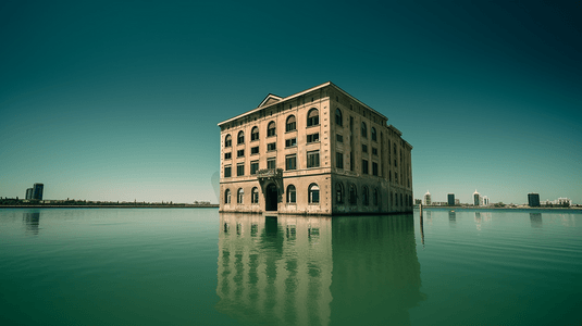 水体摄影照片_白天蓝天下靠近水体的绿色和棕色建筑