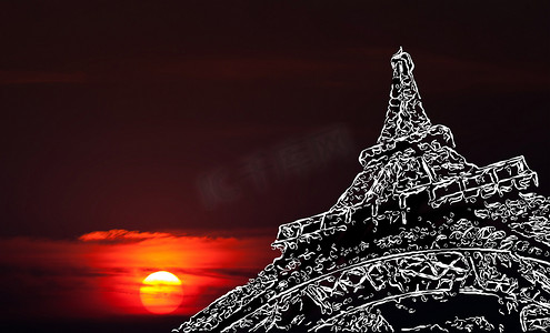 埃菲尔铁塔装饰摄影照片_程式化的埃菲尔铁塔模糊的天空背景