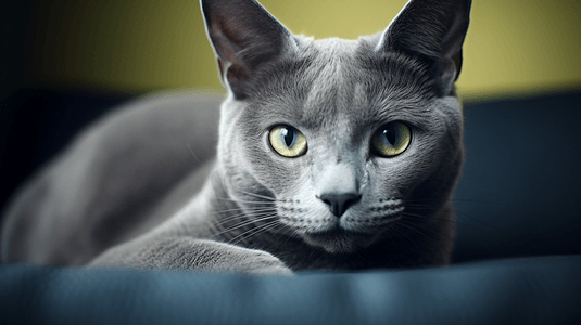 坐在灰色沙发上的俄罗斯蓝猫