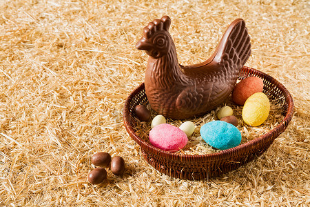鸡和鸡蛋摄影照片_复活节巧克力鸡和鸡蛋