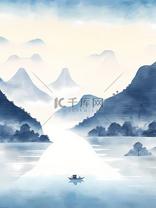 水墨淡雅背景图片_蓝色朦胧山水船水墨山水画古风笔触淡雅