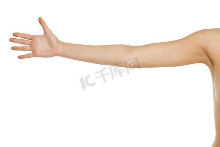 人类的皮肤摄影照片_在白色的整个女性手臂
