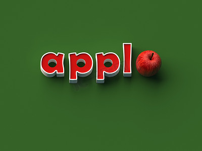 3D 渲染词“appl”和普通背景上的苹果