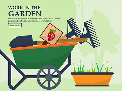 带园艺工具的手推车和浅色背景中的长盆栽植物，并为您的广告提供了位置。