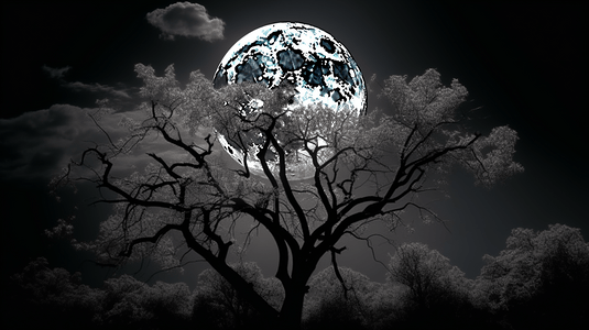 黑白月亮摄影照片_带月亮的黑白树枝