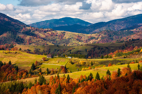 秋天连绵起伏的丘陵上森林覆盖的农村地区